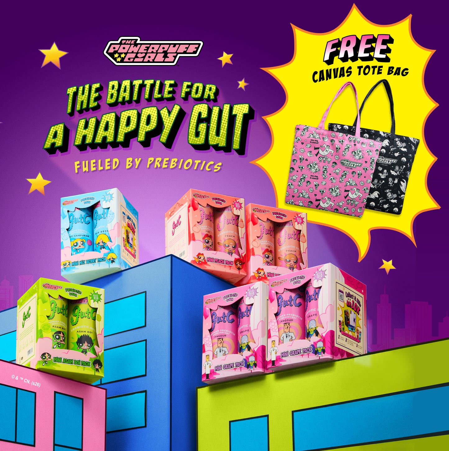 gutC &The Powerpuff Girls Combo Mix Pack (24 x 250ml) with FREE Tote Bag